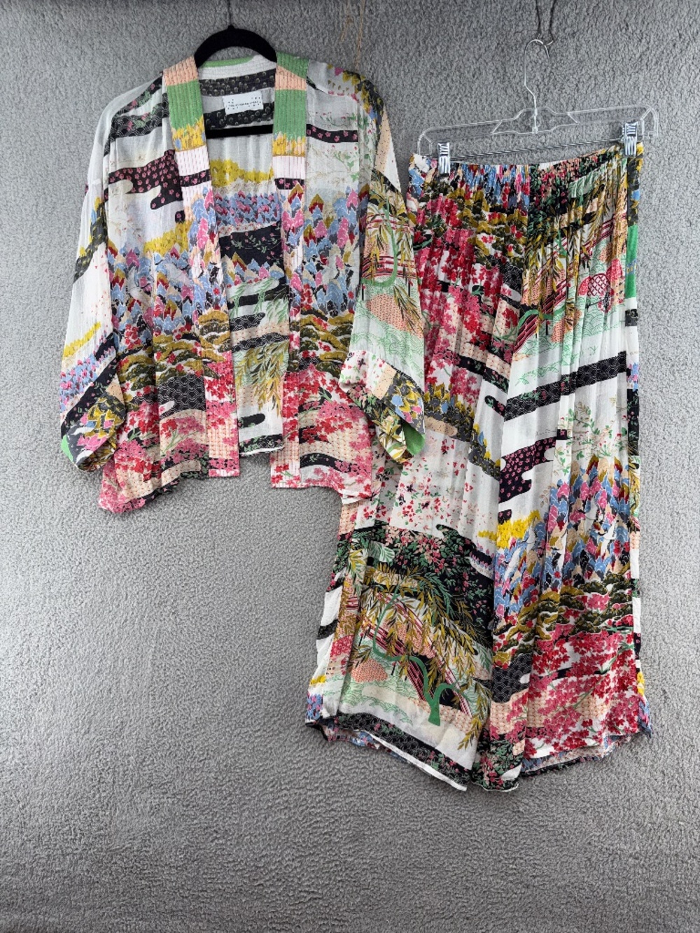 One Hundred Stars Kimono Palazzo Pants 2 Piece Set Boho Floral S/M Art to Wear - Picture 2 of 16